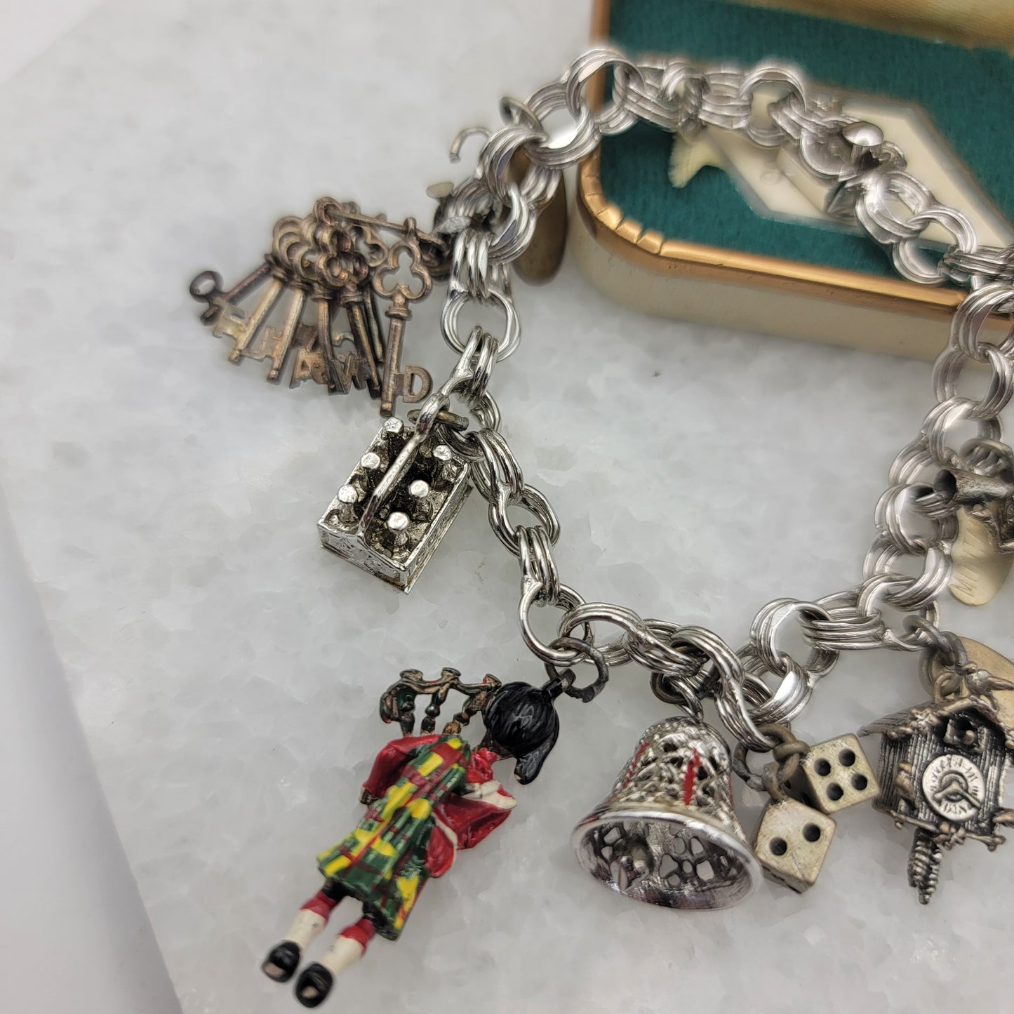 Sterling Charm Bracelet Travel Montana Scotland Bagpiper Crown