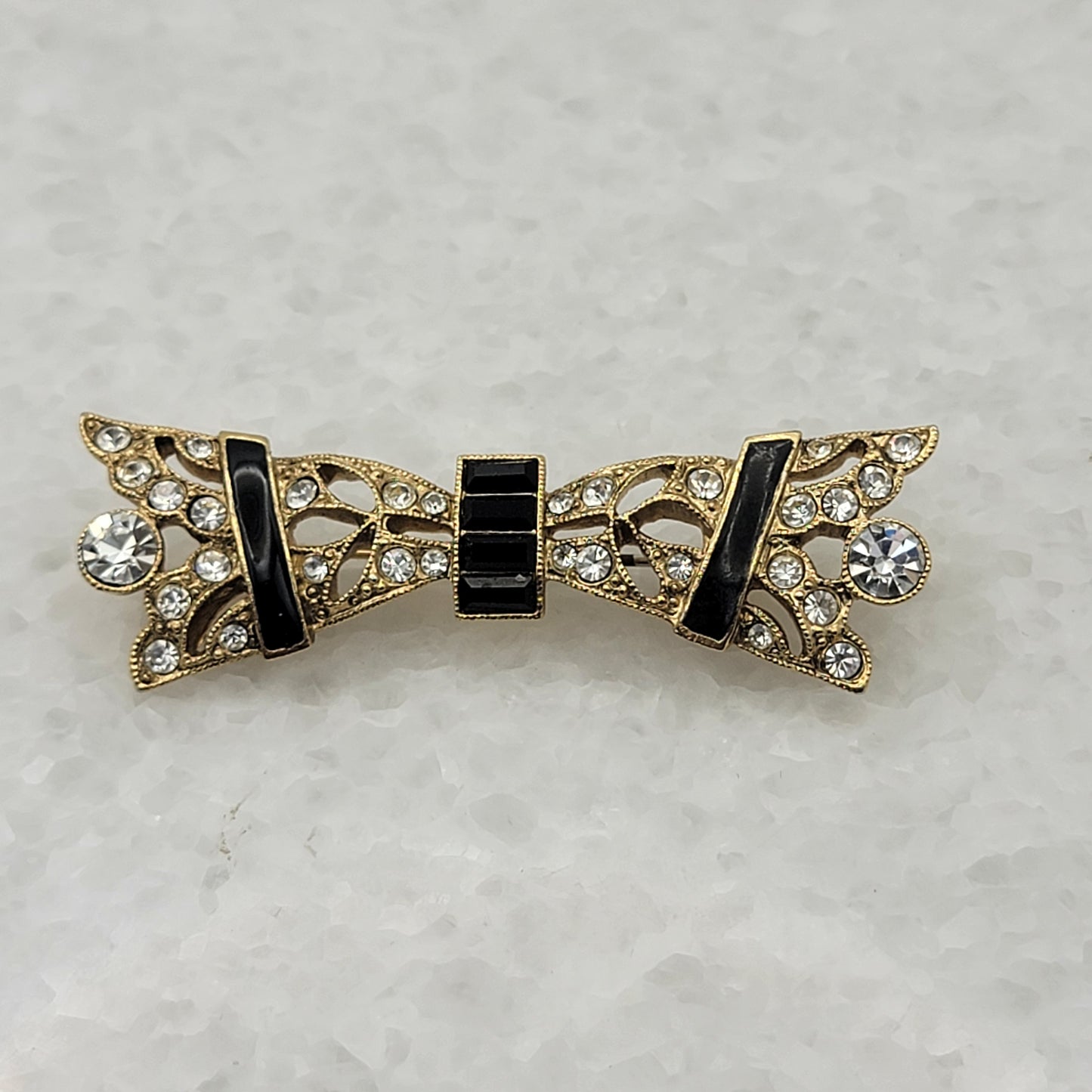 1928 Brand Black Baguette Enamel Clear Rhinestone Bar Brooch