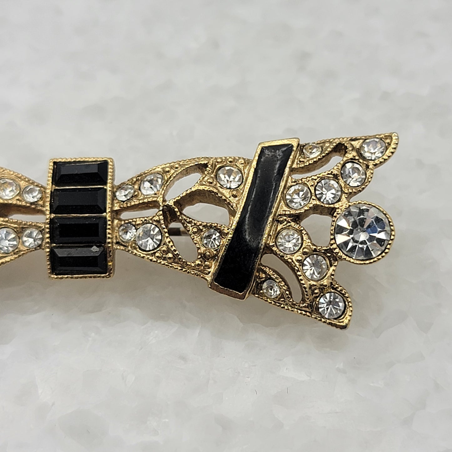 1928 Brand Black Baguette Enamel Clear Rhinestone Bar Brooch