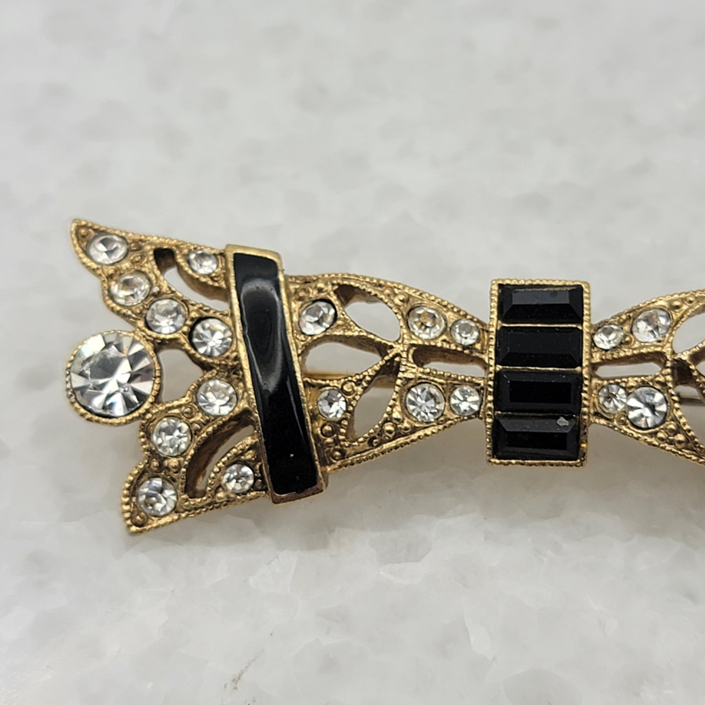 1928 Brand Black Baguette Enamel Clear Rhinestone Bar Brooch