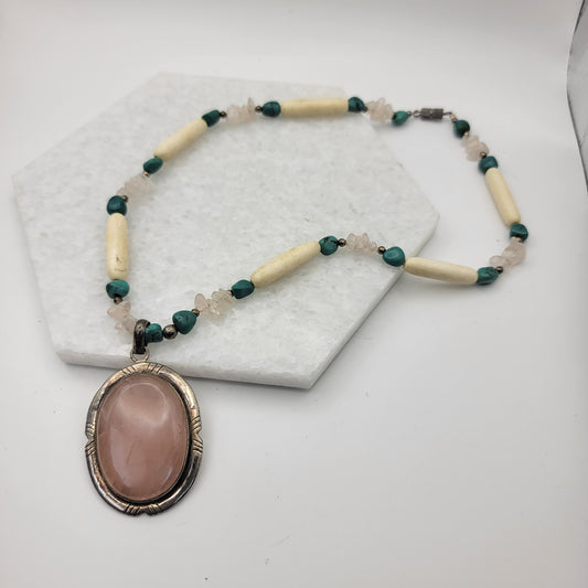 Navajo 925 Sterling Silver Rose Quartz Turquoise Bone Necklace