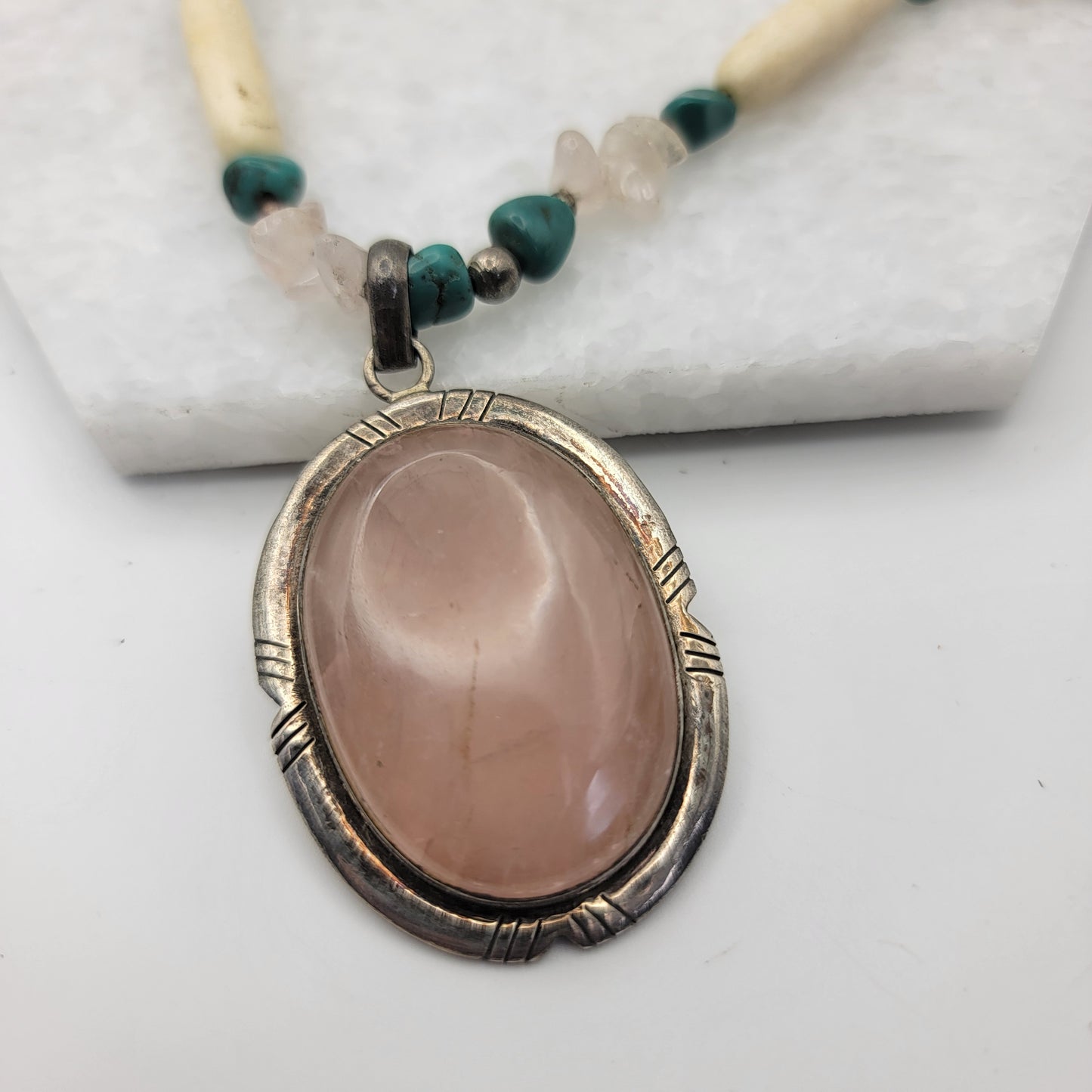 Navajo 925 Sterling Silver Rose Quartz Turquoise Bone Necklace