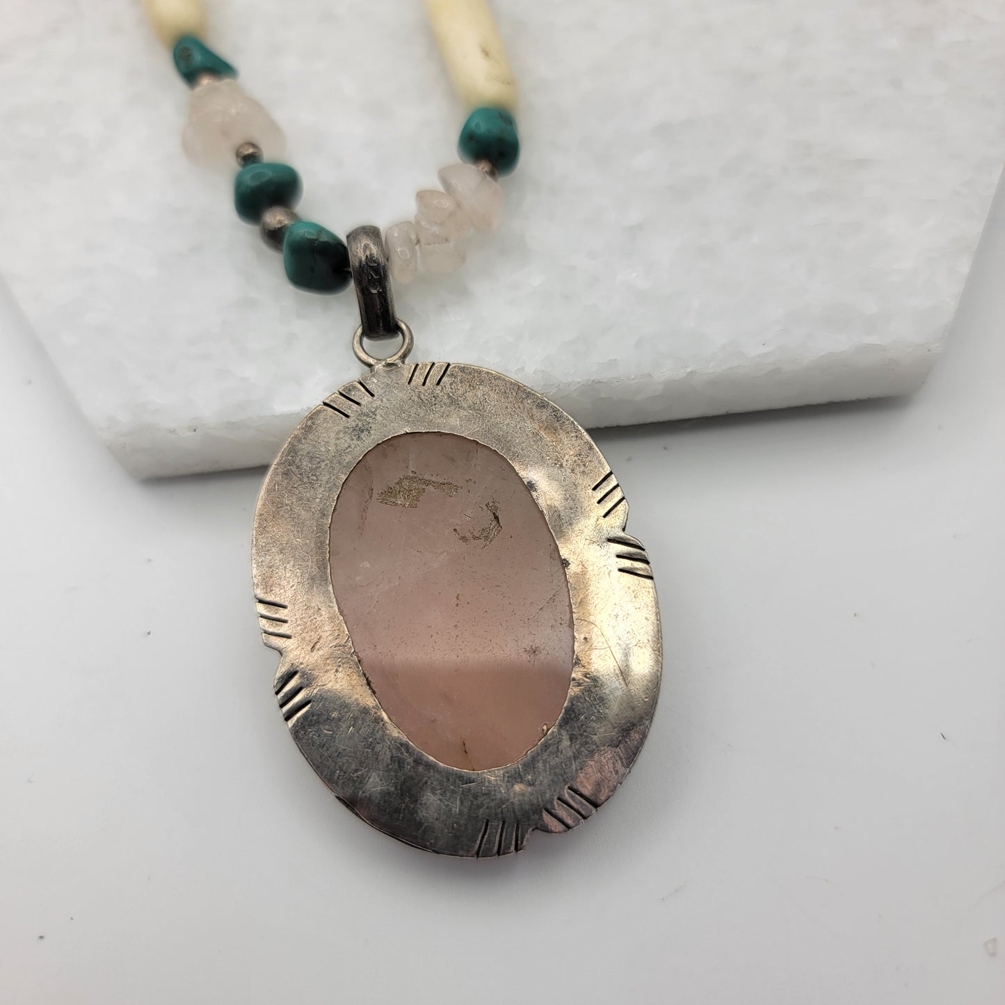 Navajo 925 Sterling Silver Rose Quartz Turquoise Bone Necklace