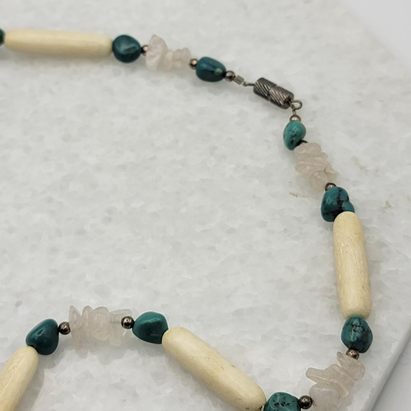 Navajo 925 Sterling Silver Rose Quartz Turquoise Bone Necklace