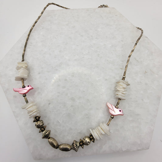 Liquid Silver Fetish Bird Necklace 2 Pink Shell Birds