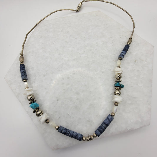 Liquid Silver Sodalite Turquoise and Shell Necklace