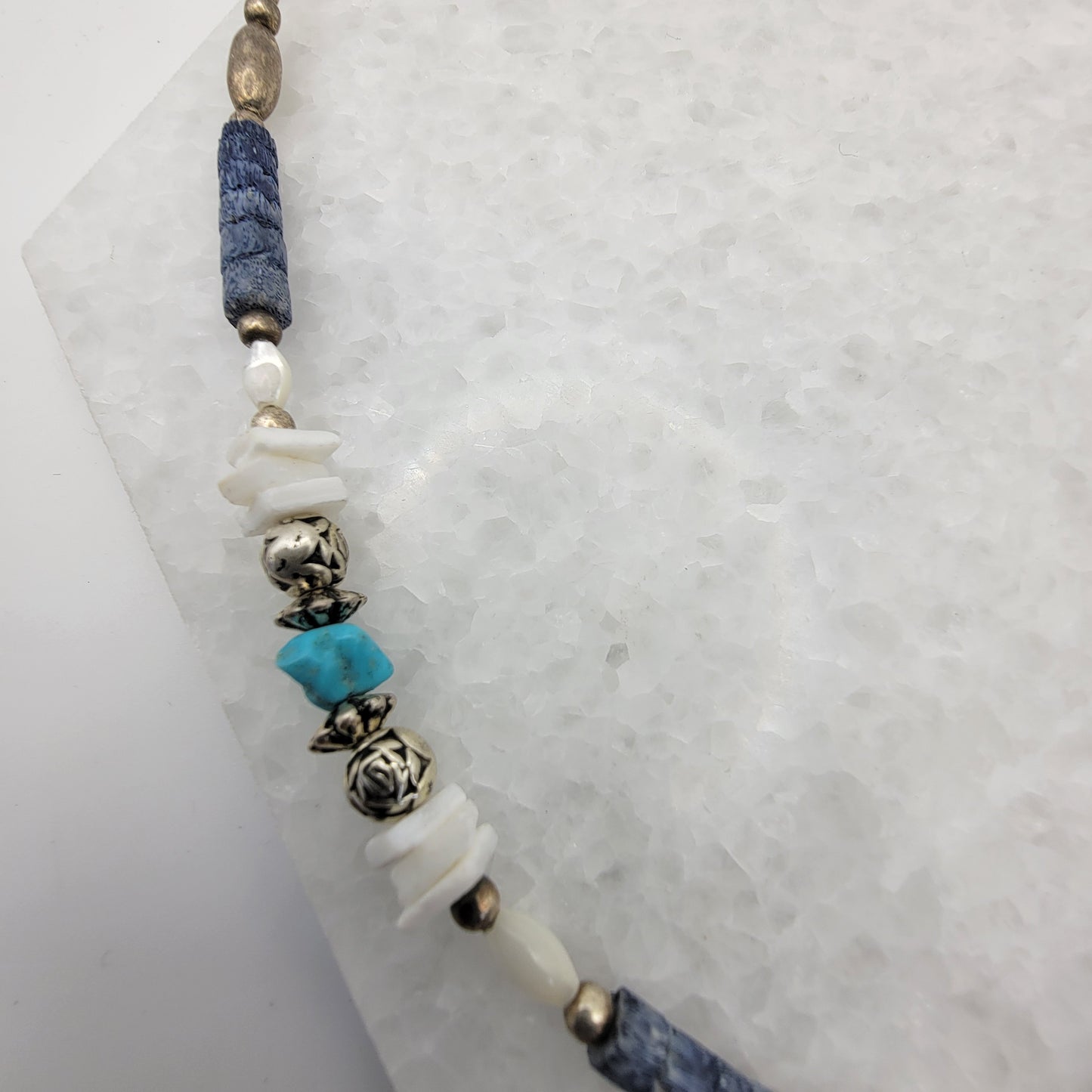 Liquid Silver Sodalite Turquoise and Shell Necklace