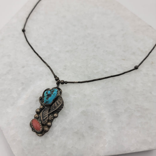 Navajo Turquoise and Coral Pendant Necklace Sterling Silver