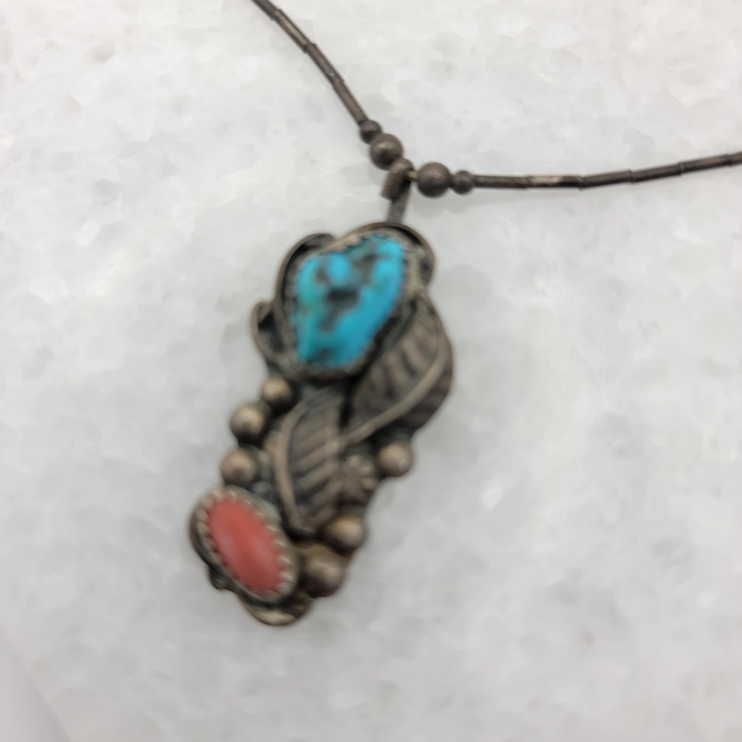 Navajo Turquoise and Coral Pendant Necklace Sterling Silver