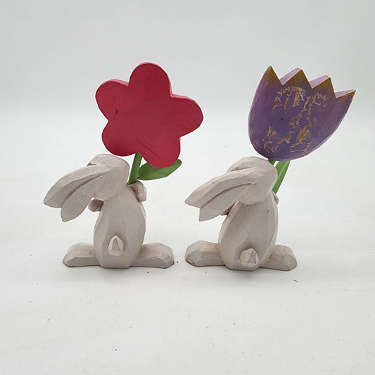 Pair of Wooden Bunnies with Flowers