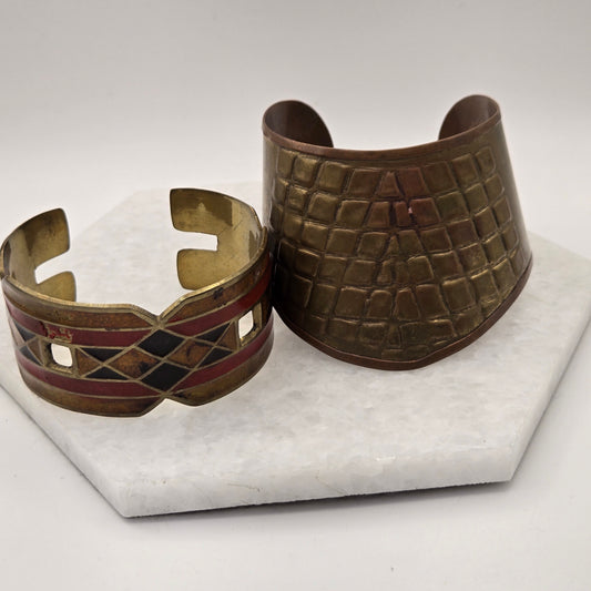 Pair of Cuff Bracelets Wide Copper Cuff and Enameled Brass