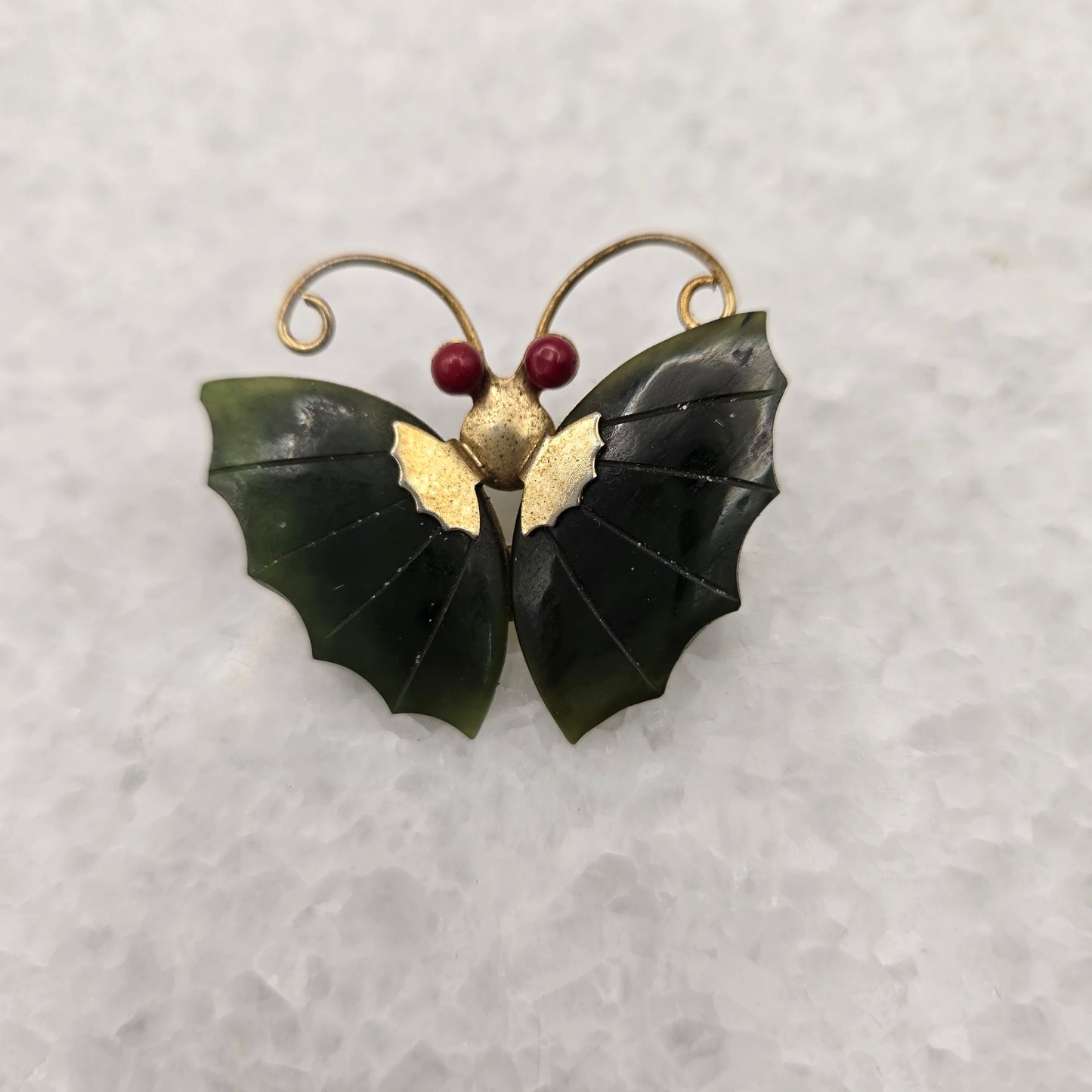 Green Jade and Coral Butterfly Brooch