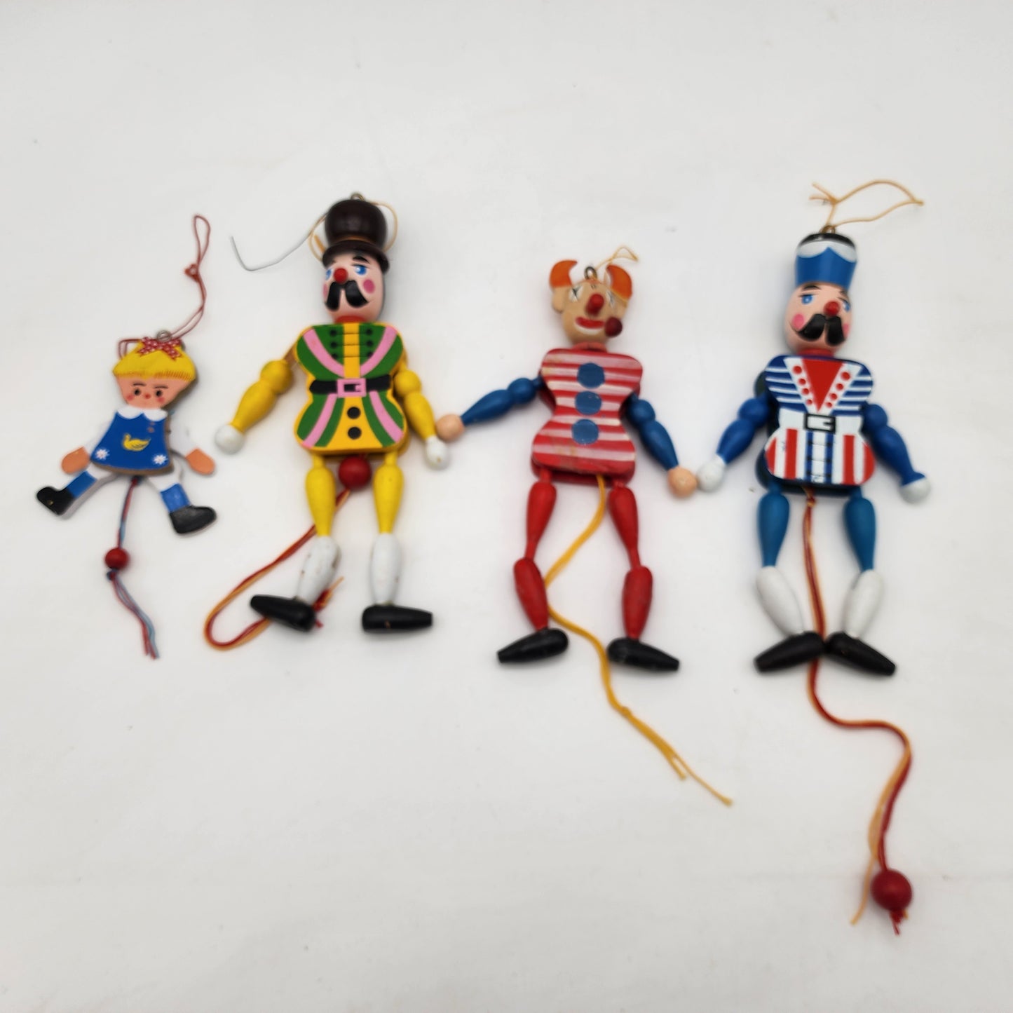 Vintage Wooden Pull String Puppet Christmas Ornaments Set of 4