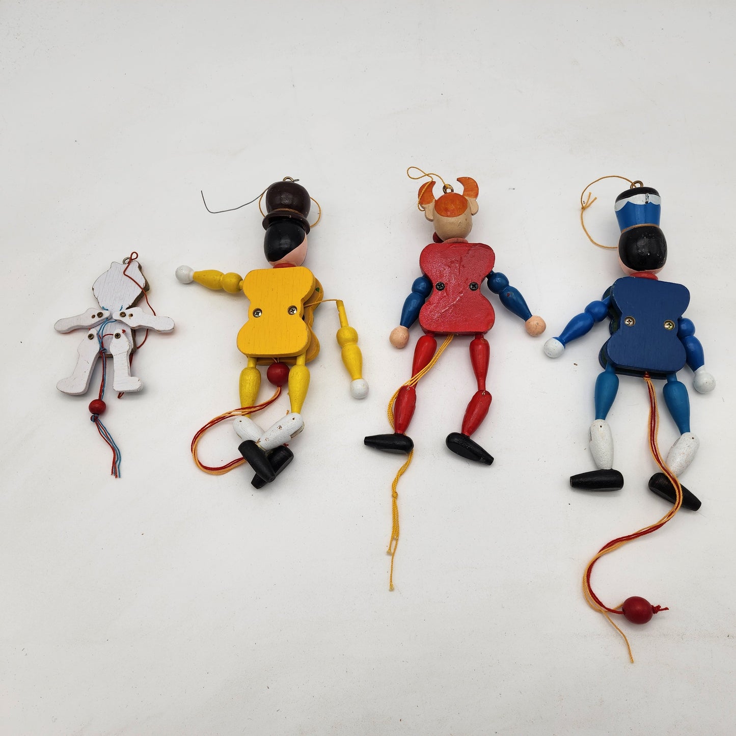 Vintage Wooden Pull String Puppet Christmas Ornaments Set of 4