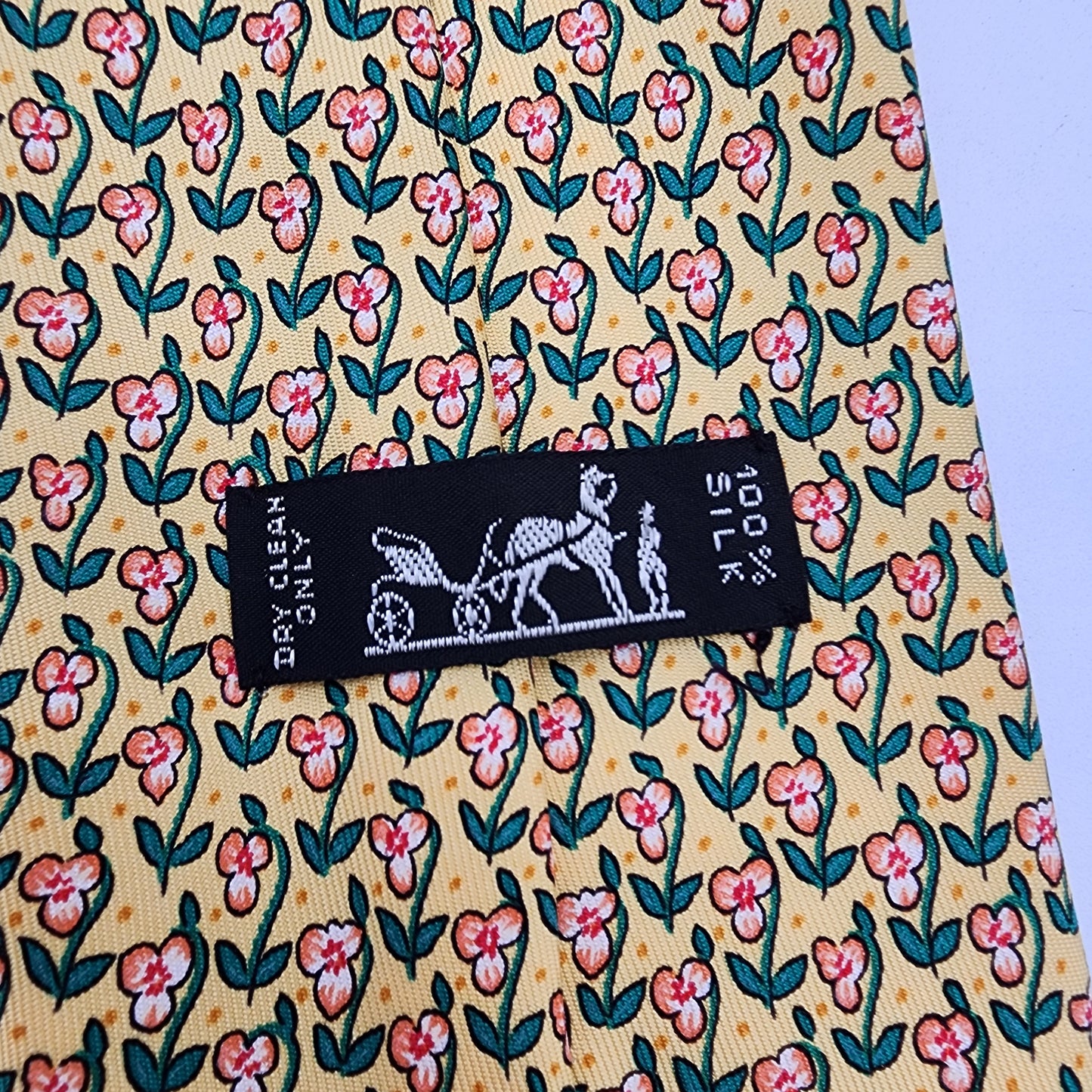 Hermes Paris 100% Silk Tie Yellow Floral