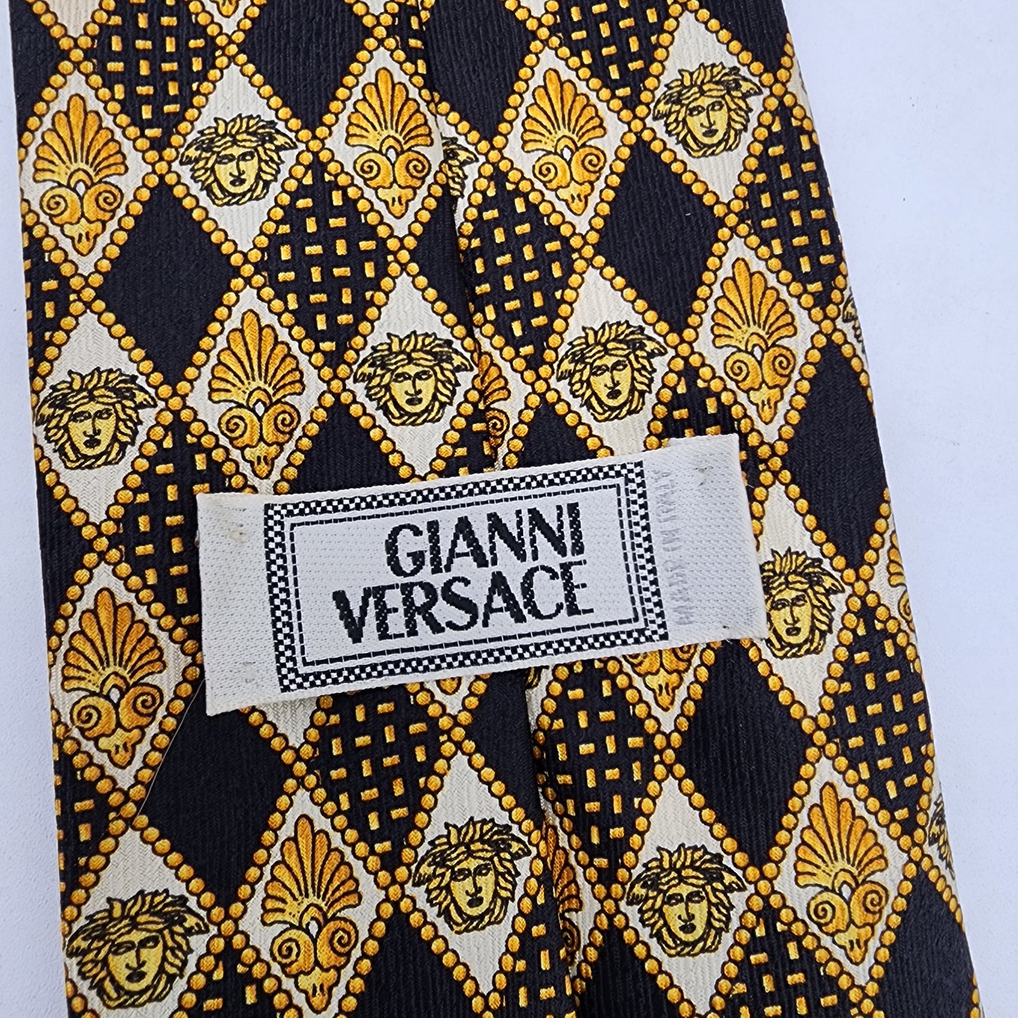 Gianni Versace 100% Silk Tie All Over Gold Black Diamond