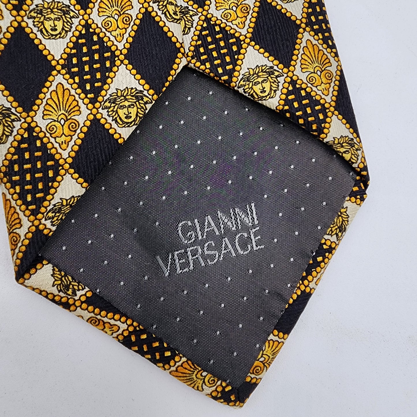 Gianni Versace 100% Silk Tie All Over Gold Black Diamond