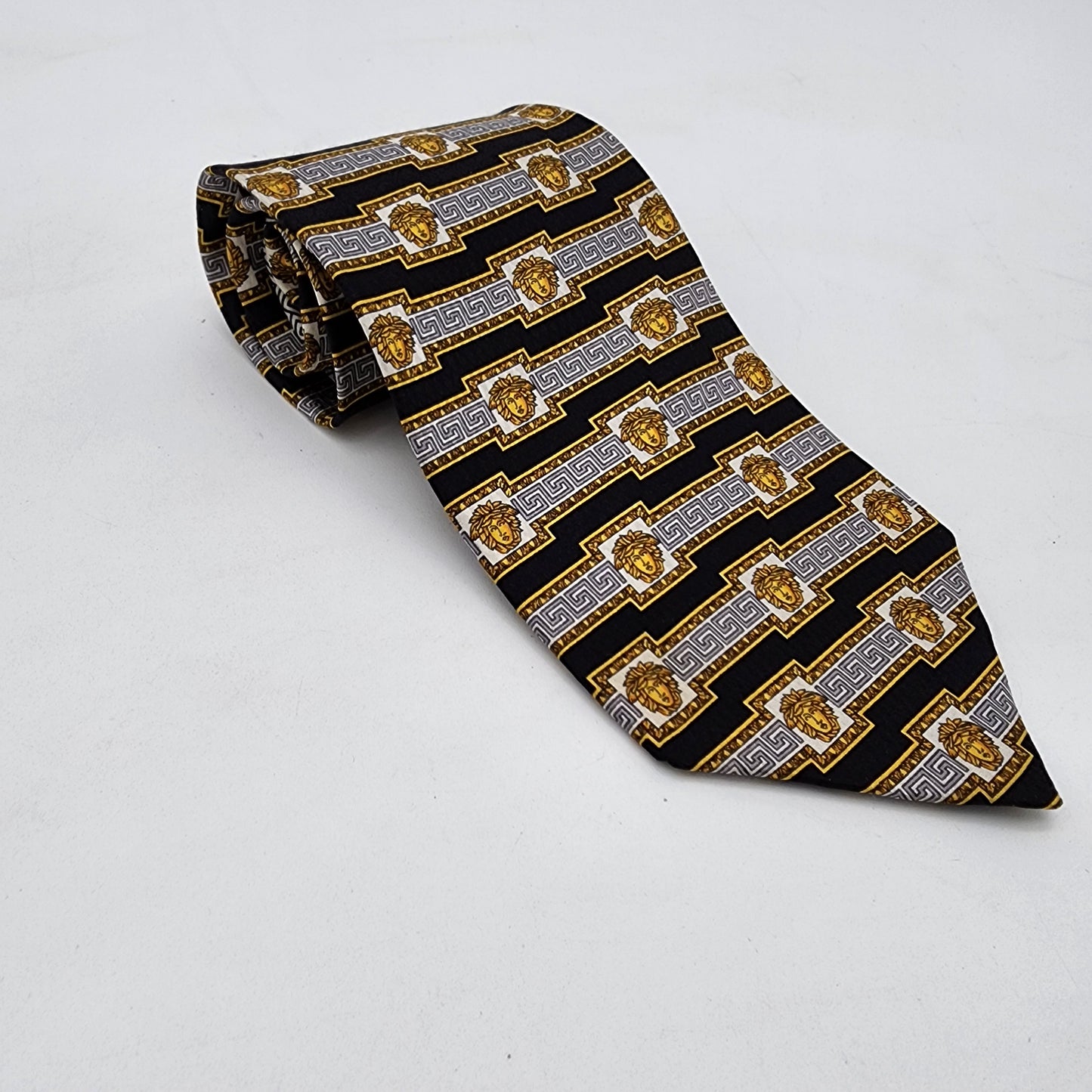 Gianni Versace 100% Silk Tie Black and Gold Greek Key Medusa Head