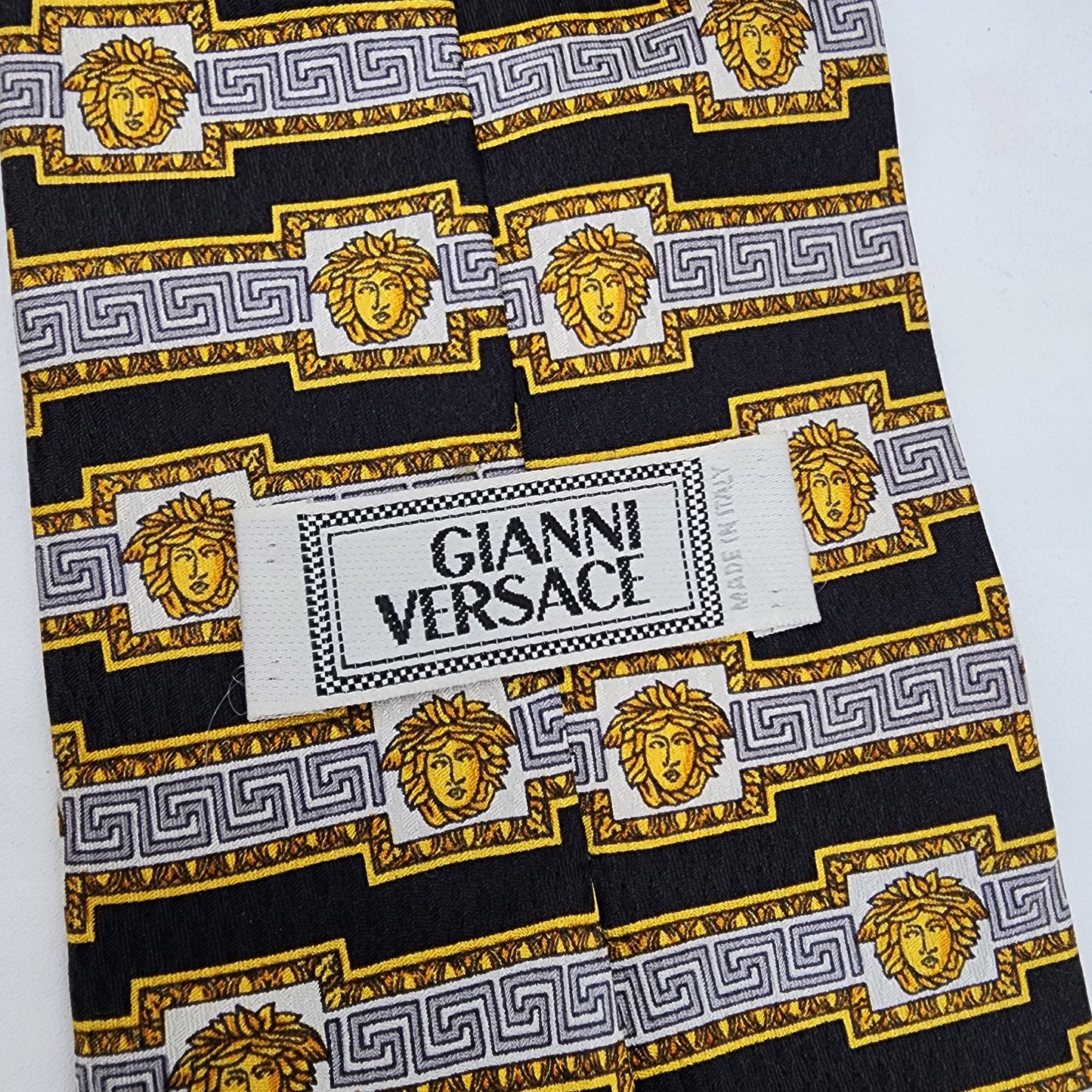 Gianni Versace 100% Silk Tie Black and Gold Greek Key Medusa Head