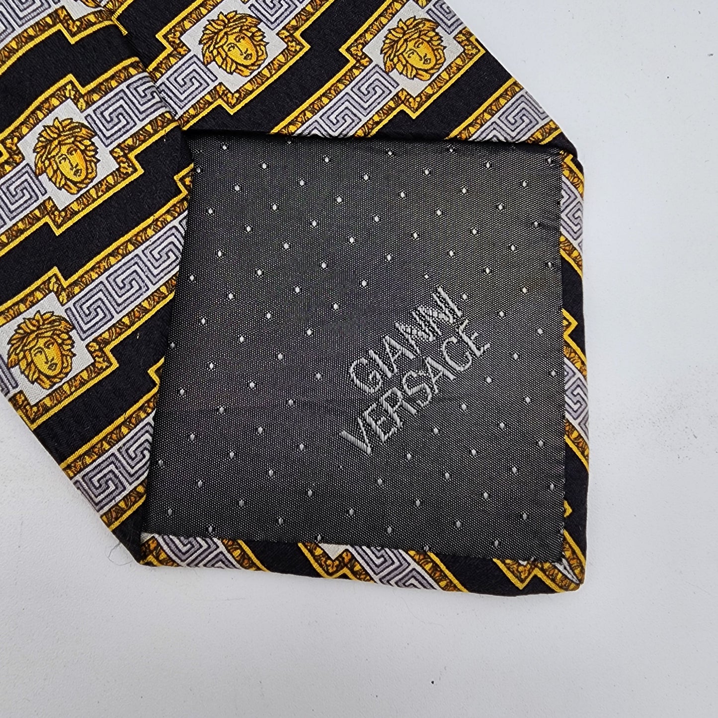 Gianni Versace 100% Silk Tie Black and Gold Greek Key Medusa Head