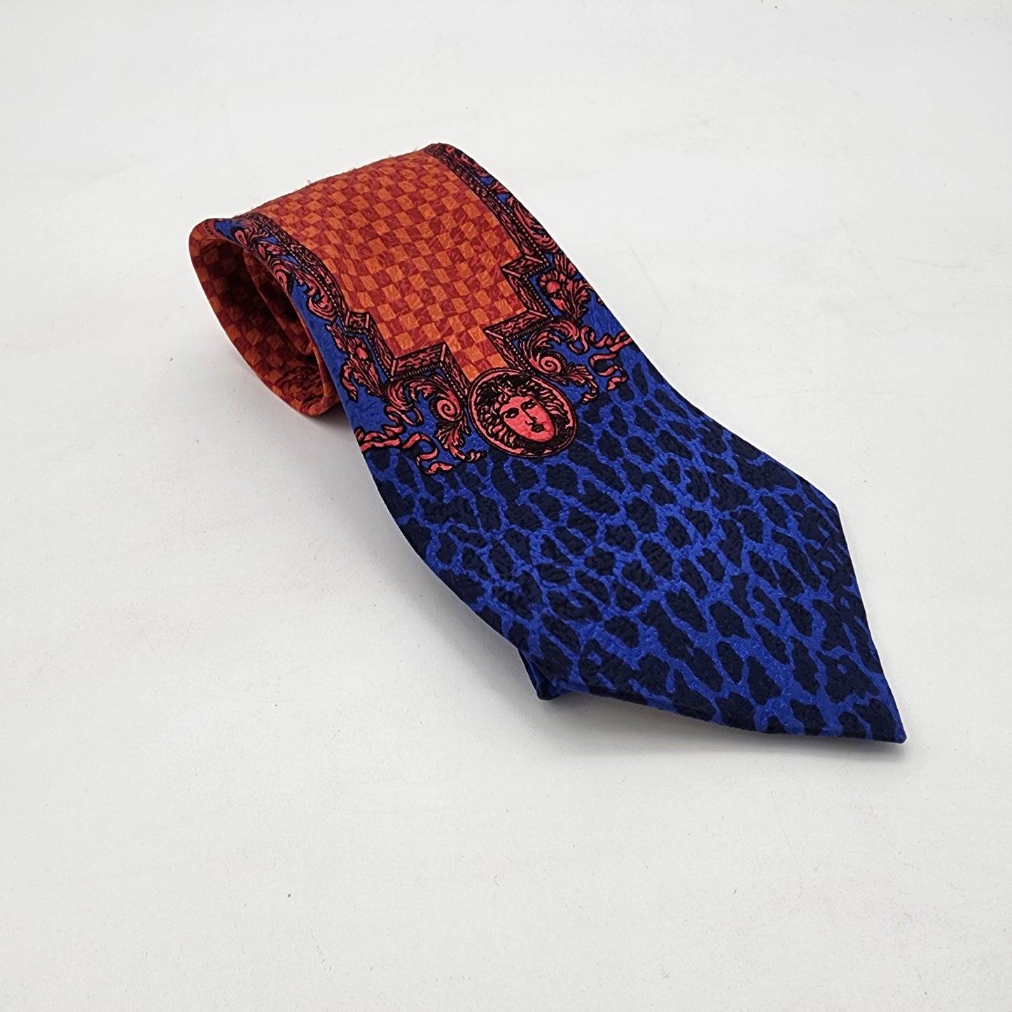 Gianni Versace 100% Silk Tie Blue and Red Leopard Spot Medusa Head