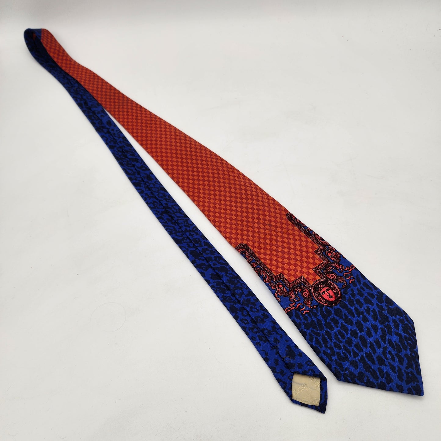 Gianni Versace 100% Silk Tie Blue and Red Leopard Spot Medusa Head