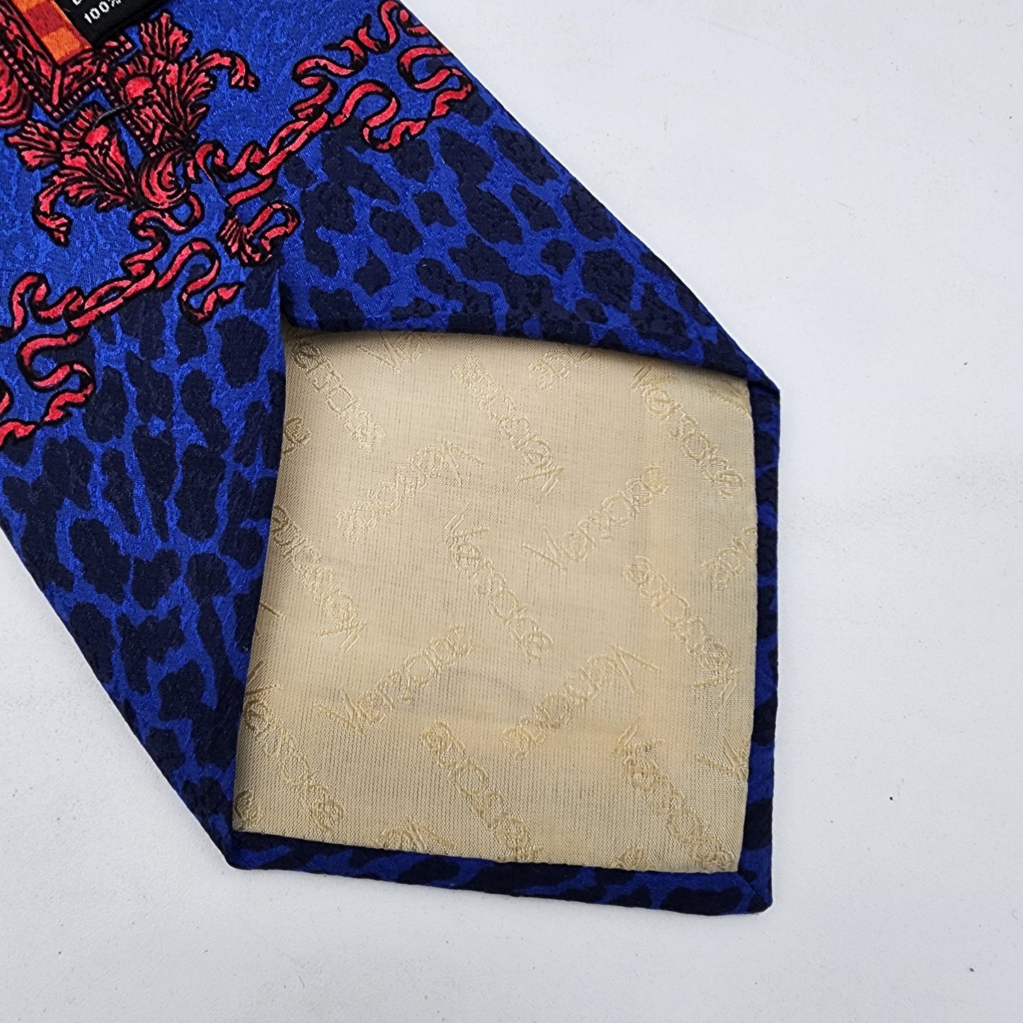 Gianni Versace 100% Silk Tie Blue and Red Leopard Spot Medusa Head