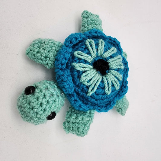 Hand Crocheted Turtle Green Blue Daisy