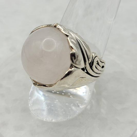 Large Round Rose Quartz 925 Sterling Silver Ring Size 7