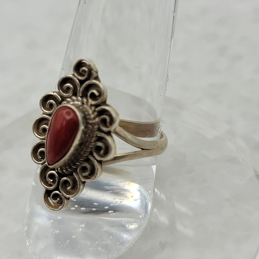 925 Sterling Silver Coral Ring 6.5