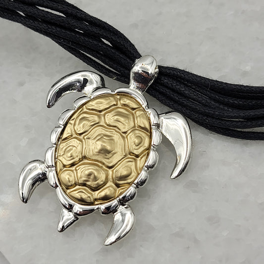 Gold and Silver Tone Sea Turtle Pendant on Cord Necklace