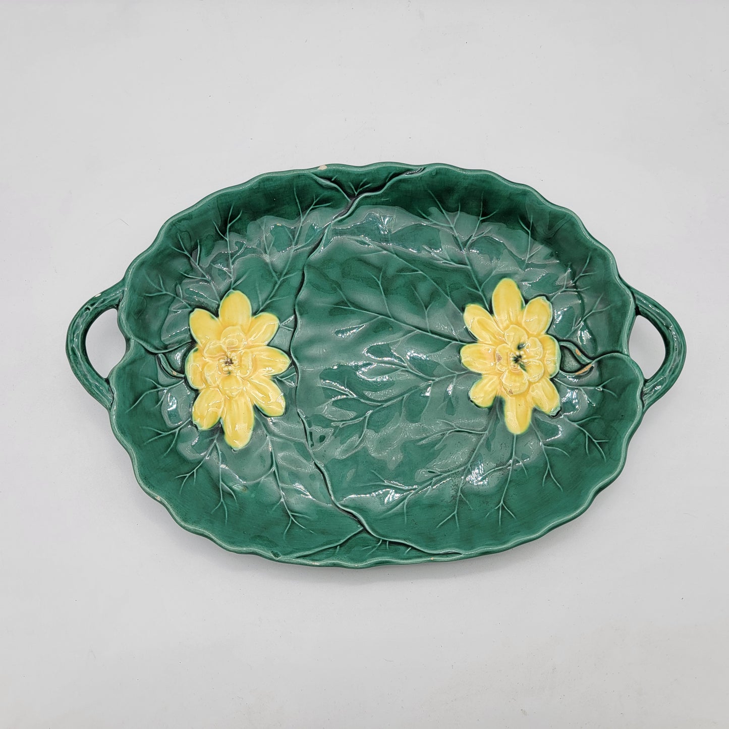 Antique Majolica Pottery Water Lilly Tray with Handles