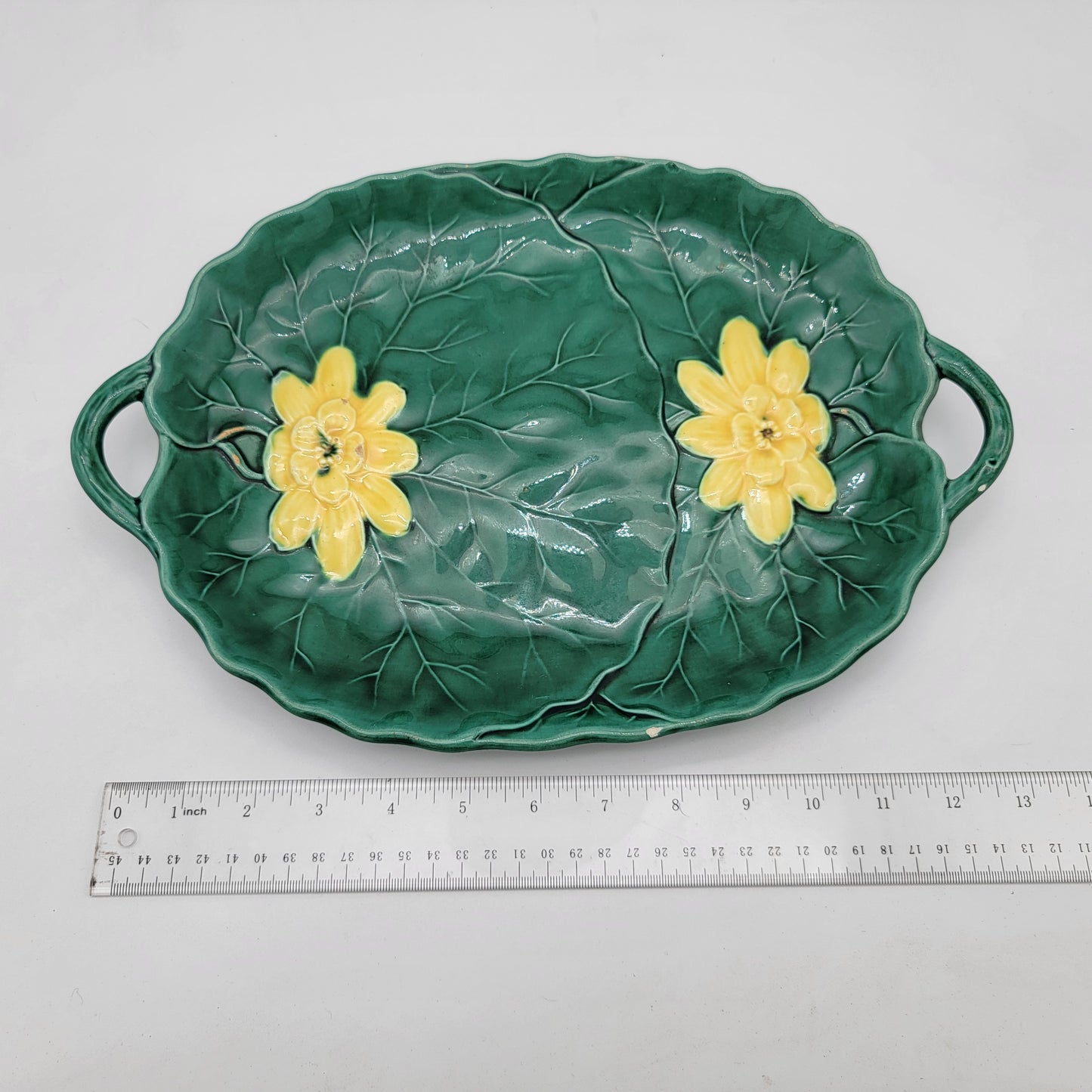 Antique Majolica Pottery Water Lilly Tray with Handles