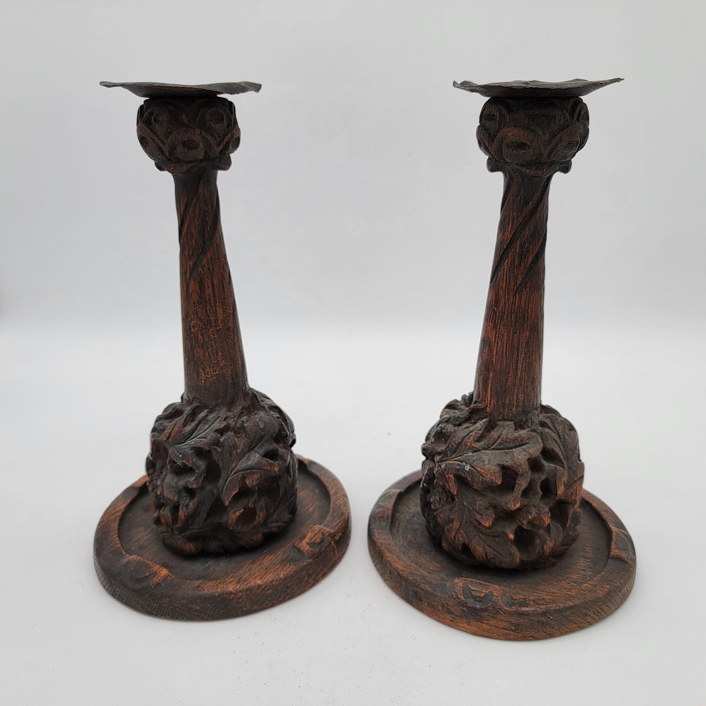 Pair of Charles Rohlfs Hand-Carved Oak Candlesticks