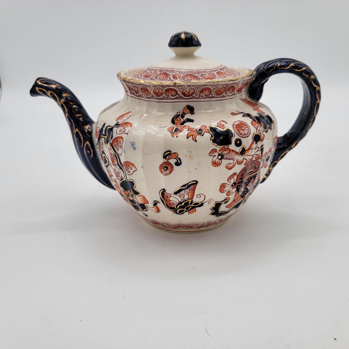 Antique Gaudy Welsh Imari Teapot with Repair