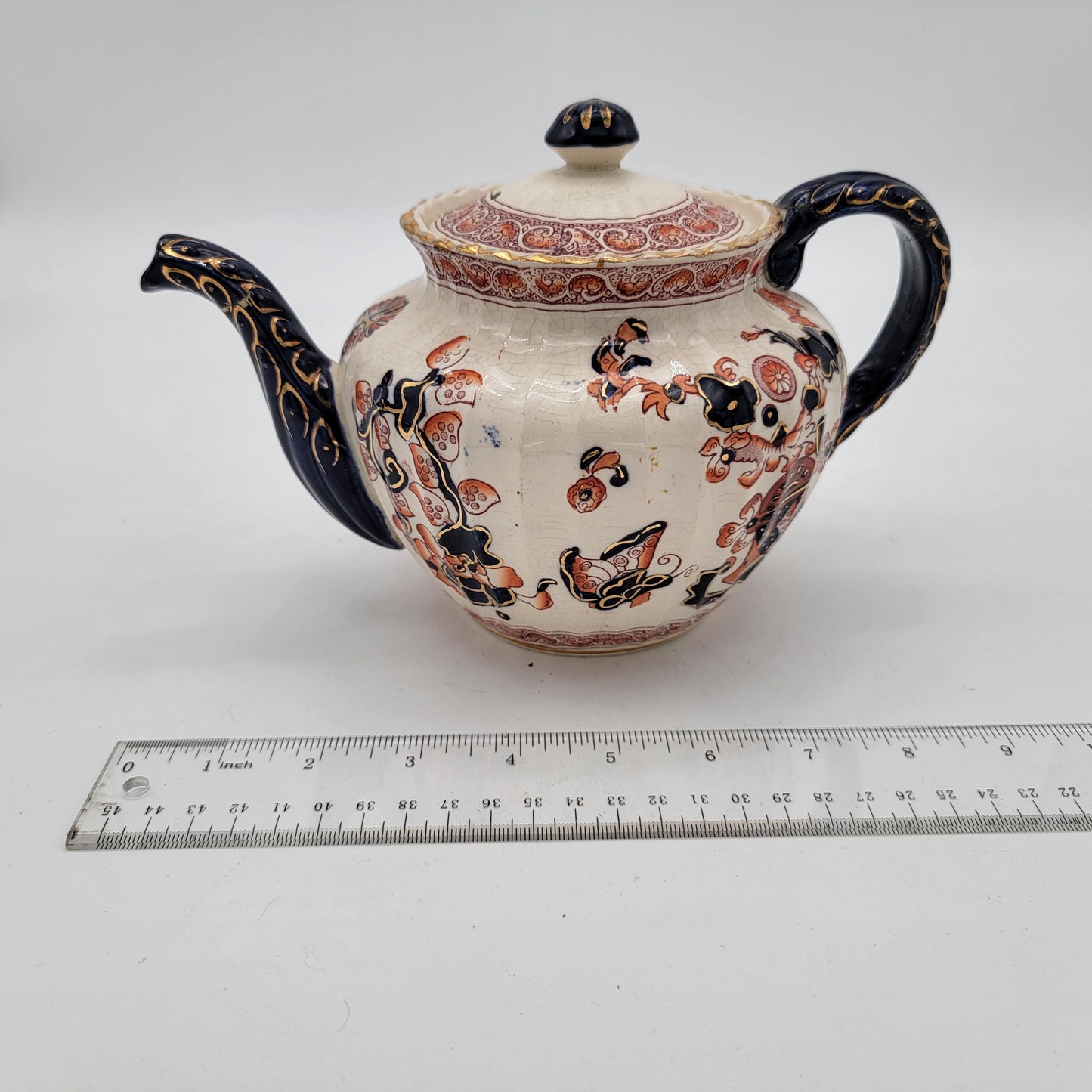 Antique Gaudy Welsh Imari Teapot with Repair