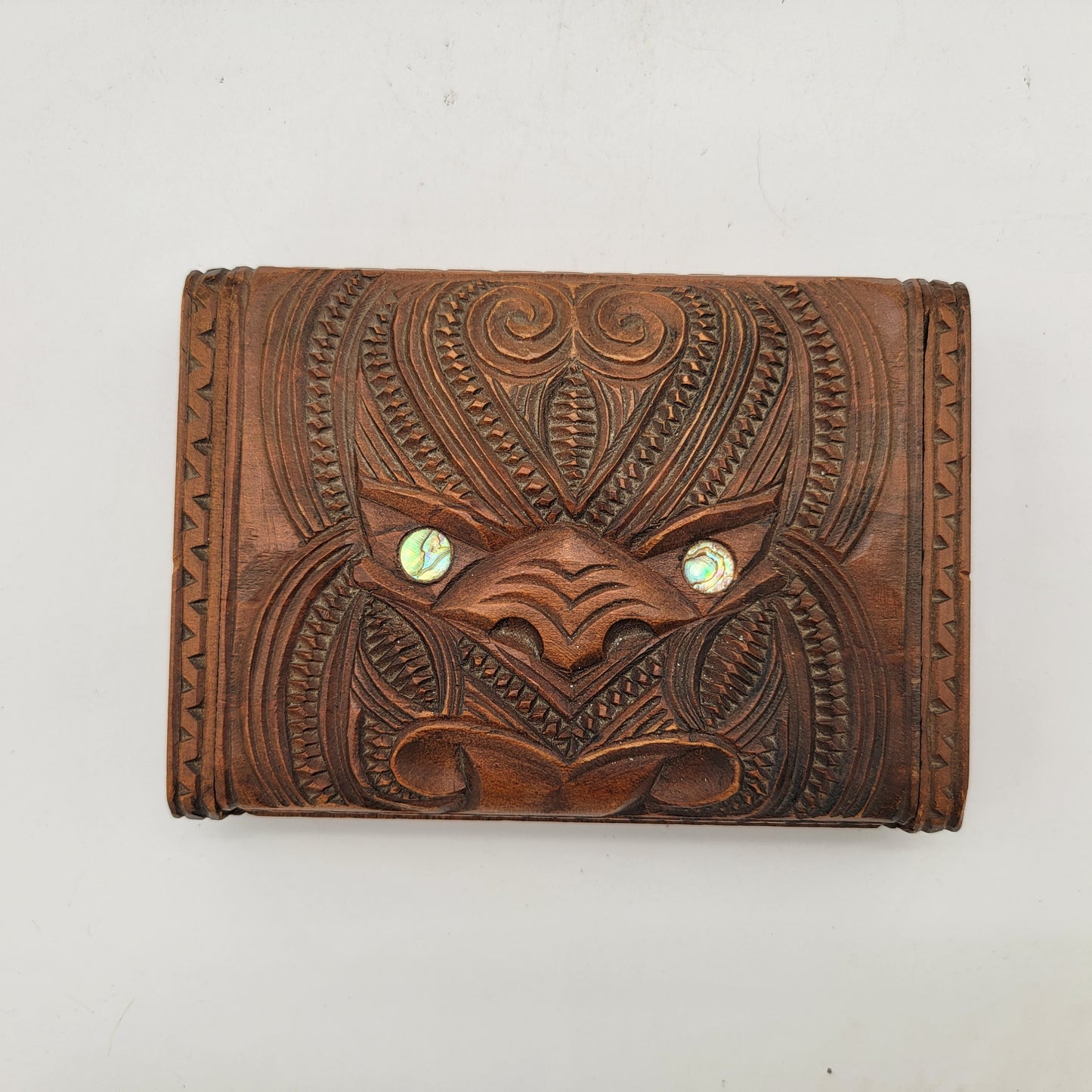 Vintage Maori Hand Carved Tiki Wood Playing Card Box & Paua Shell Eyes