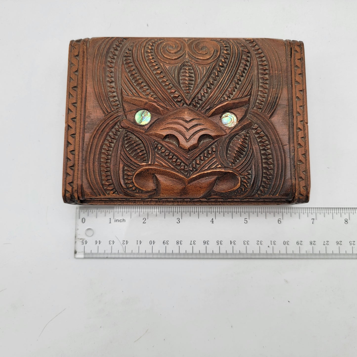 Vintage Maori Hand Carved Tiki Wood Playing Card Box & Paua Shell Eyes