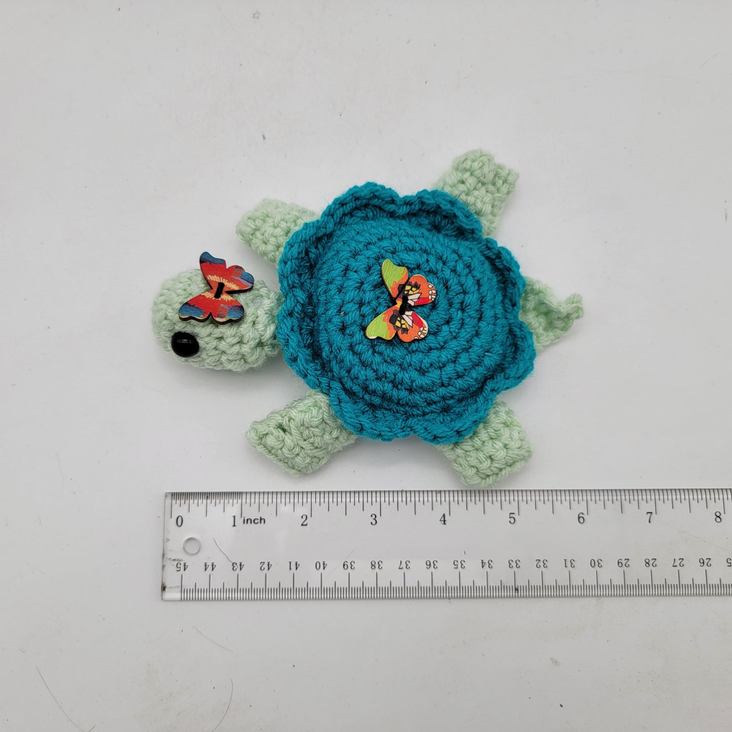 Hand Crocheted Turtle Green and Blue with Butterflies