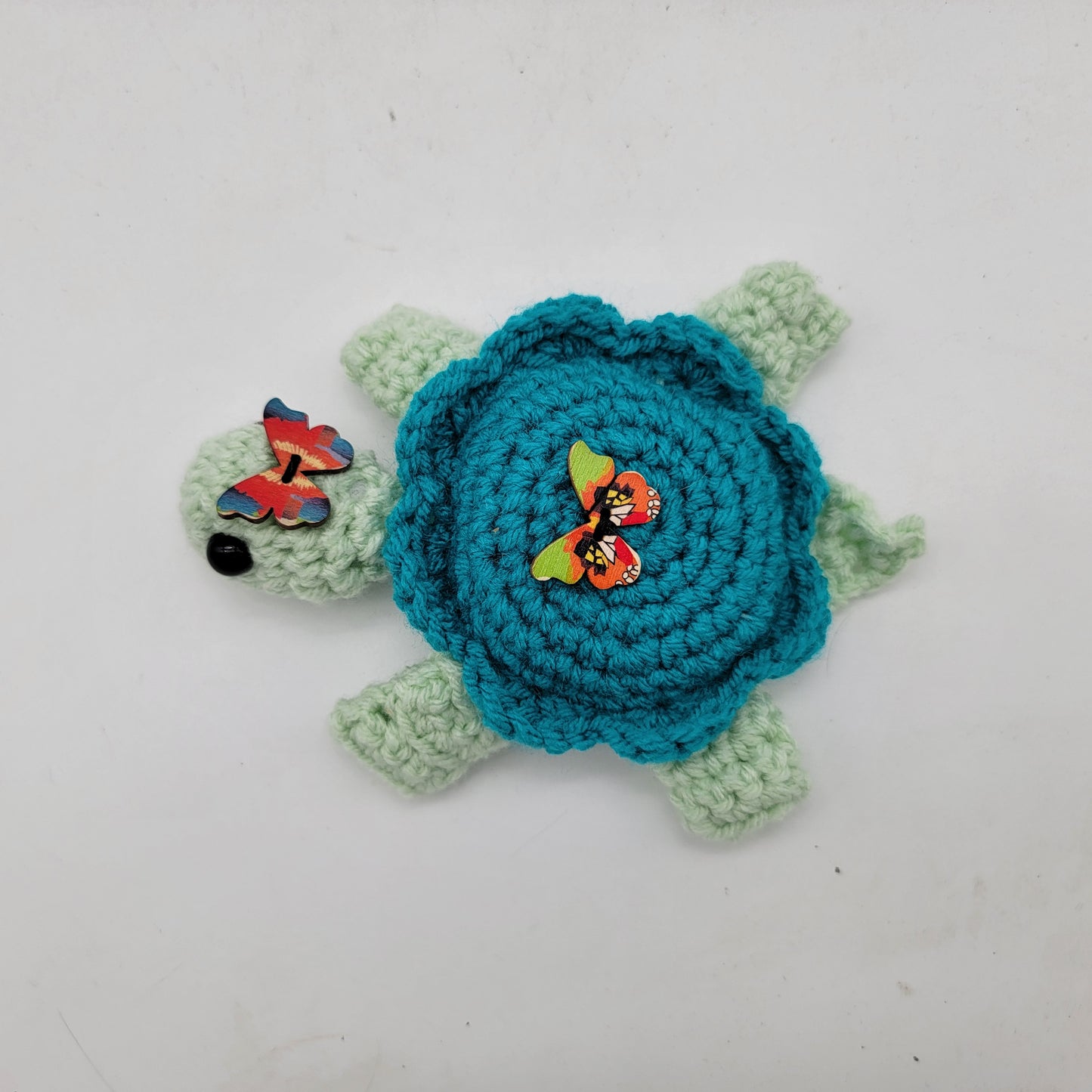 Hand Crocheted Turtle Green and Blue with Butterflies