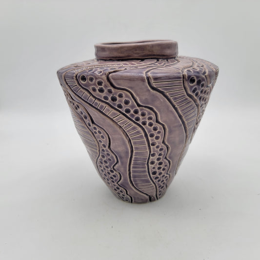 Signed Engraved Large Purple Pottery Vase