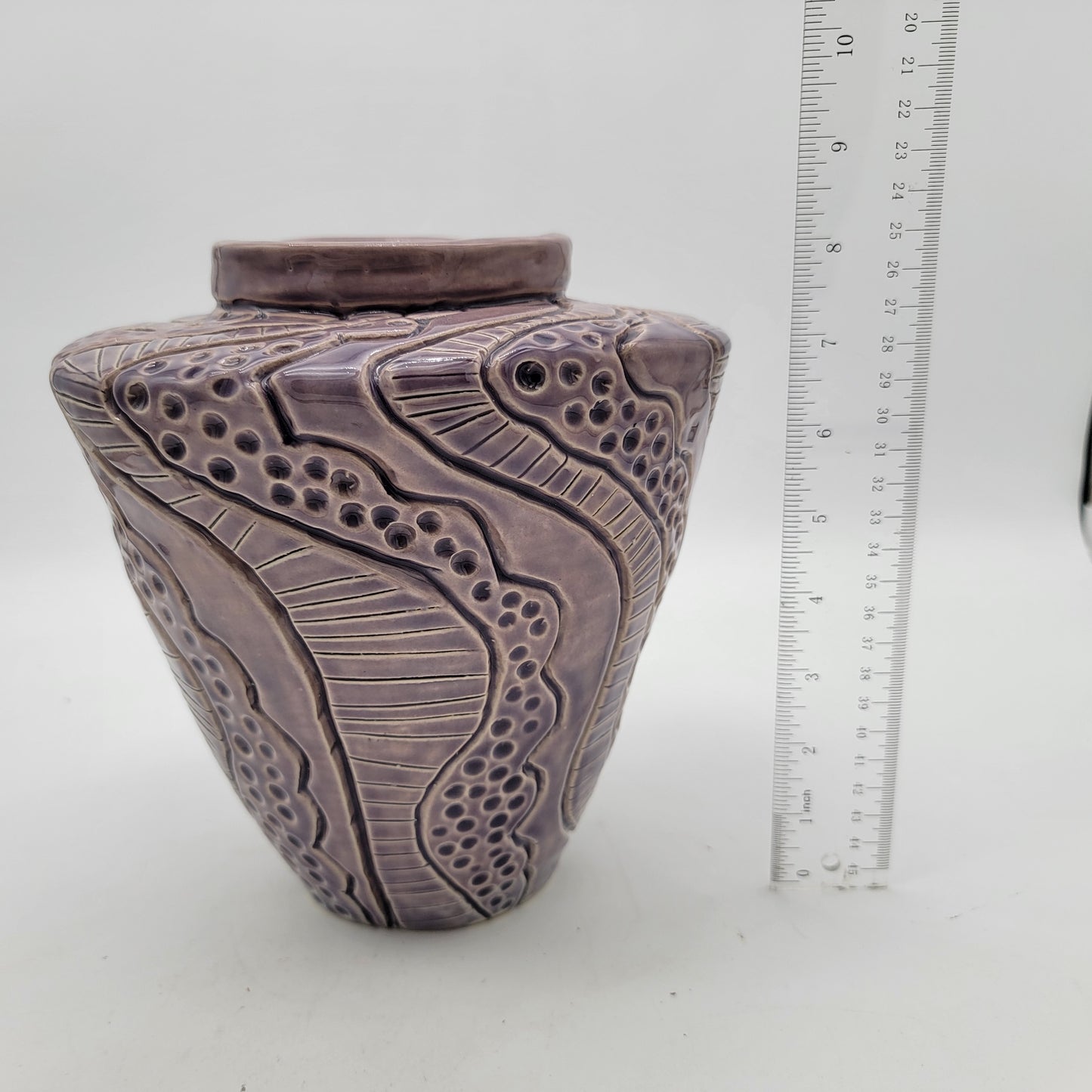 Signed Engraved Large Purple Pottery Vase