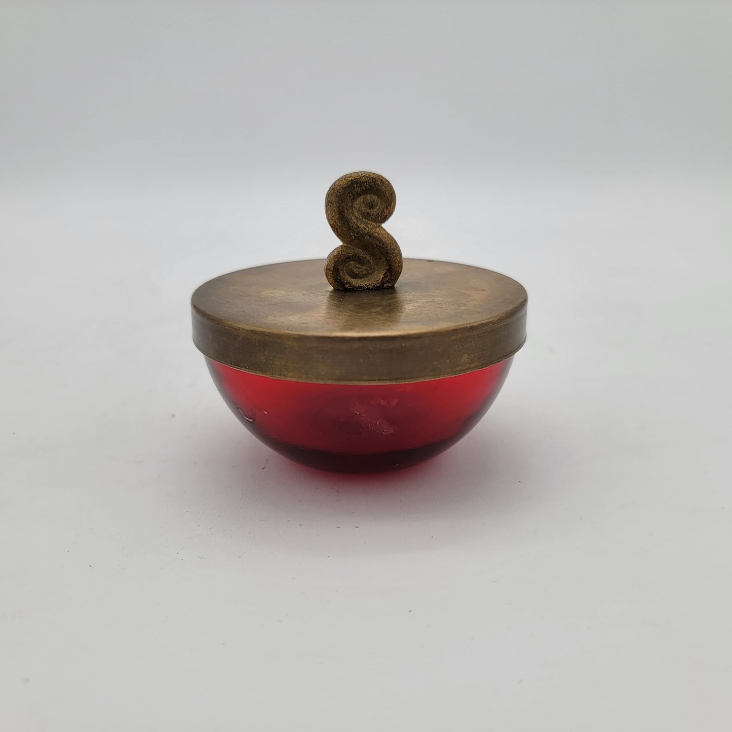 Ruby Red Glass Trinket Jar with Brass Lid