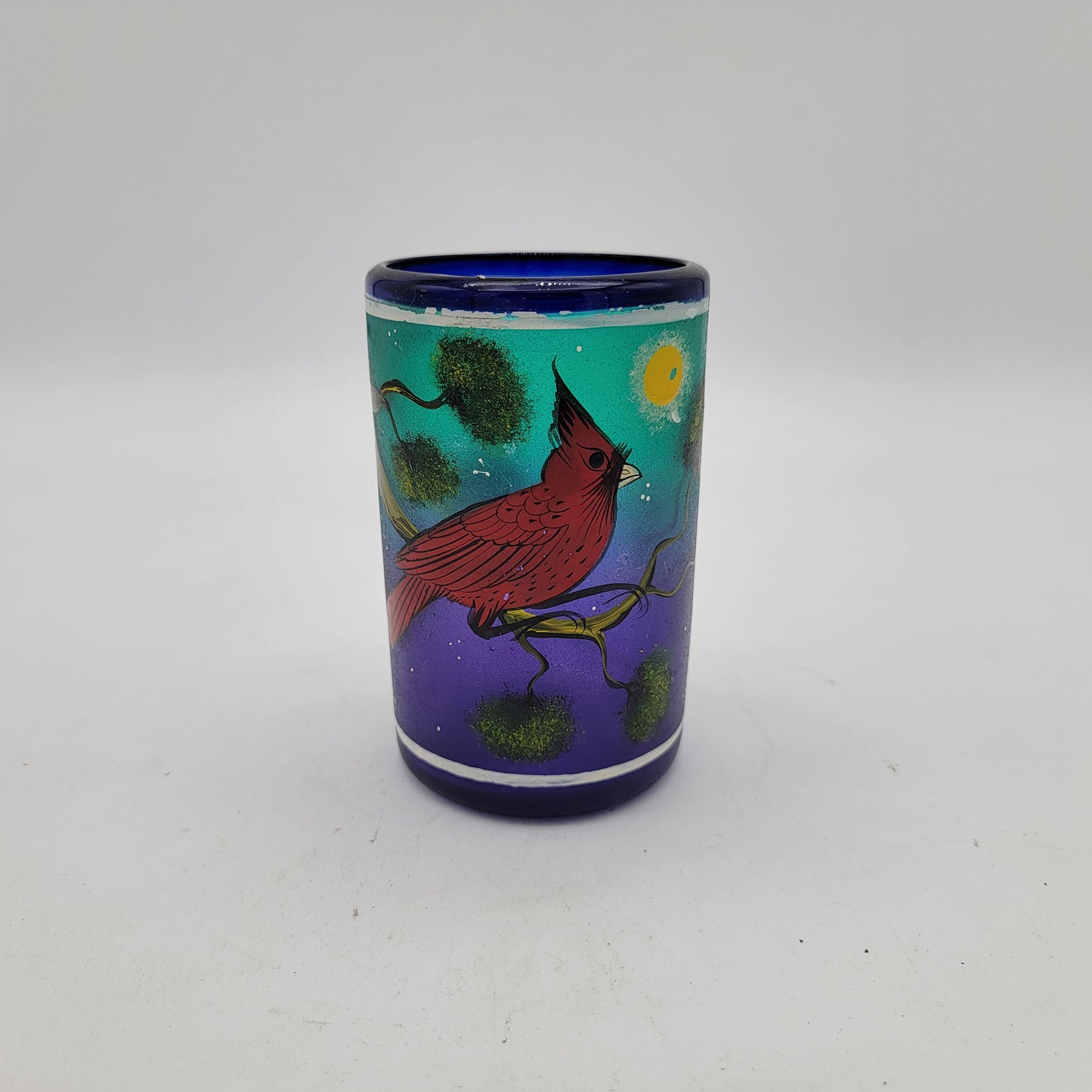 Hand Painted Cardinal Cobalt Blue Glass