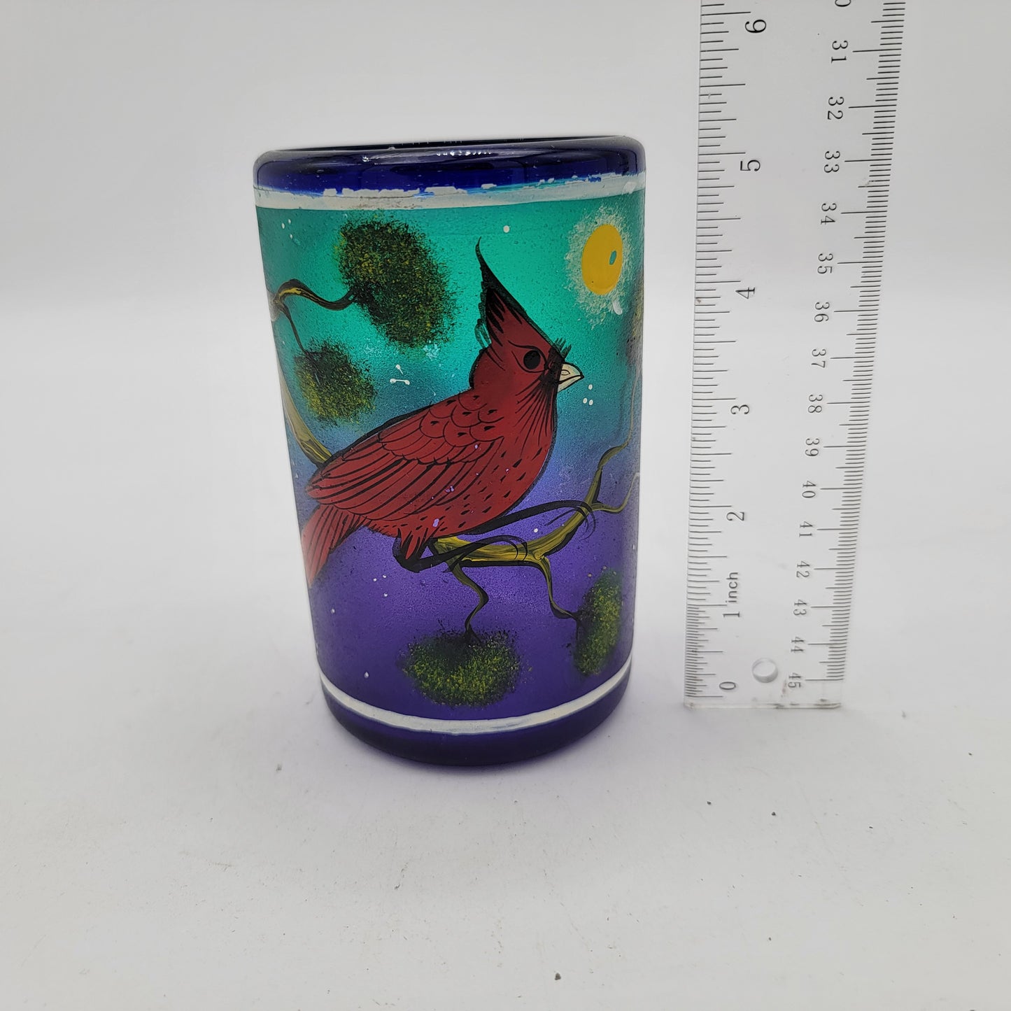 Hand Painted Cardinal Cobalt Blue Glass