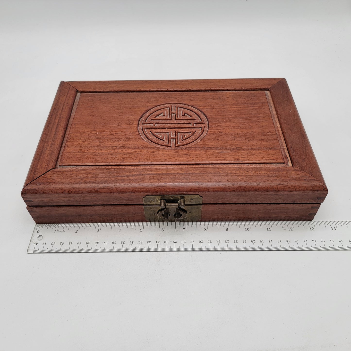 Vintage Chinese Jewelry Box Asian Cherry Wood Brass Hardware