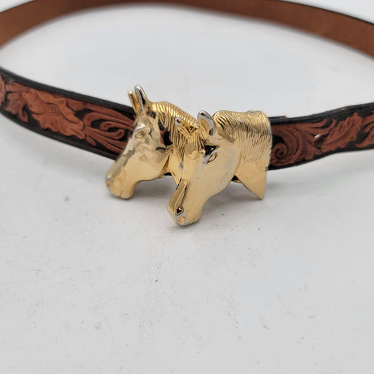 Tooled Leather Belt Horse Head Buckle