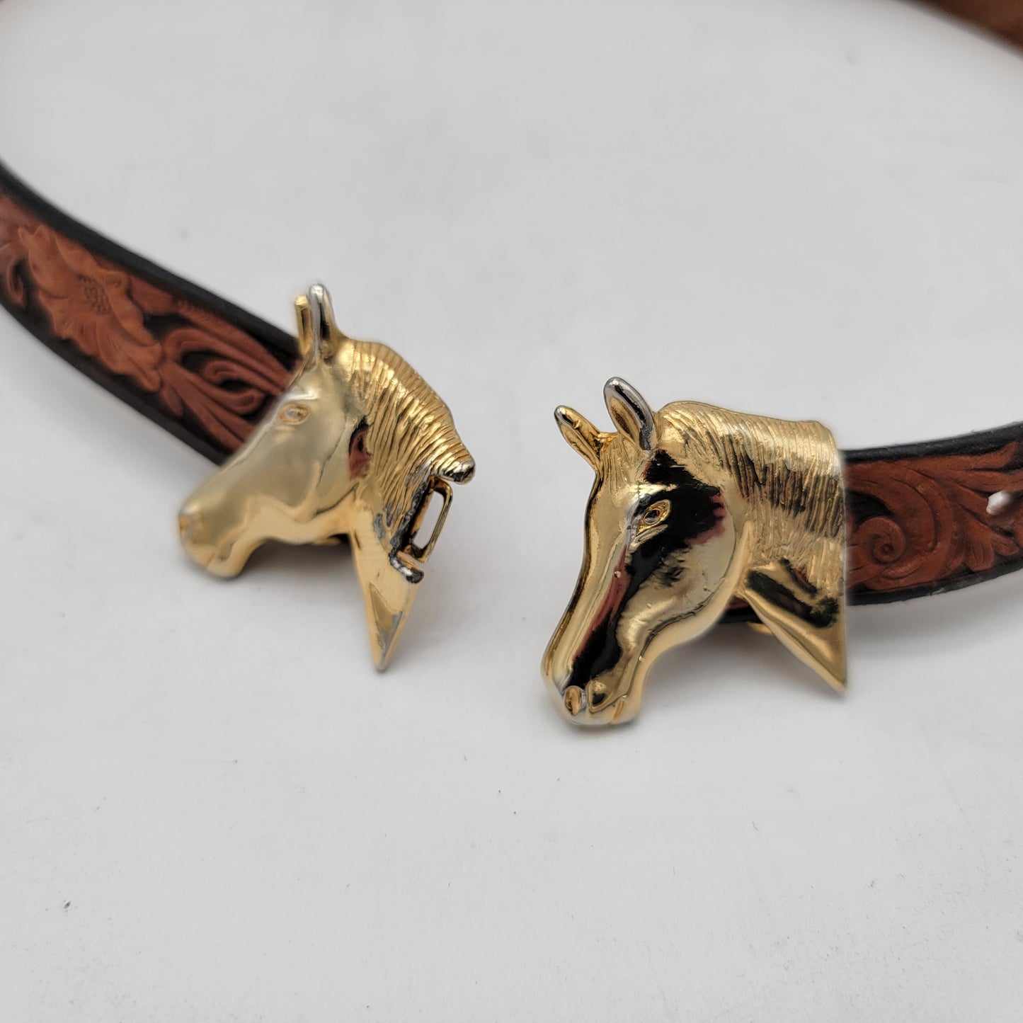 Tooled Leather Belt Horse Head Buckle