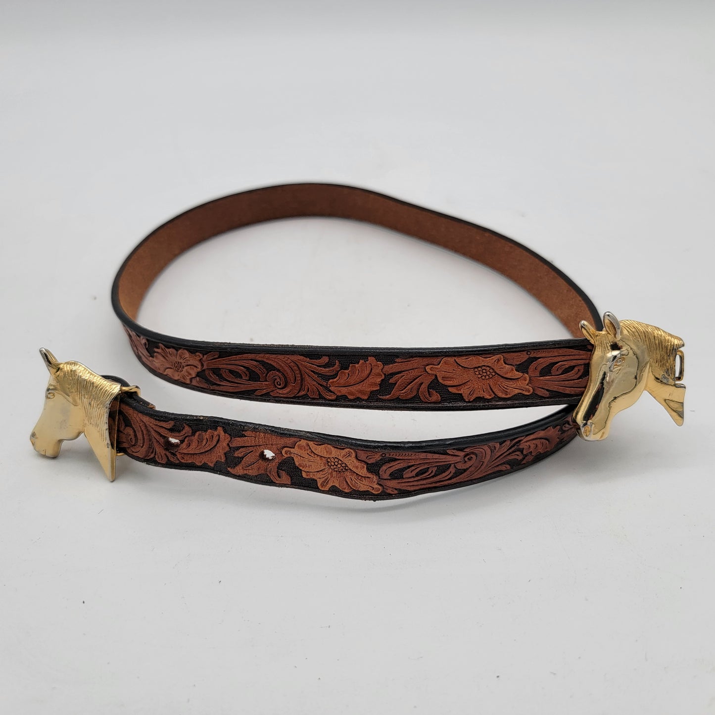 Tooled Leather Belt Horse Head Buckle