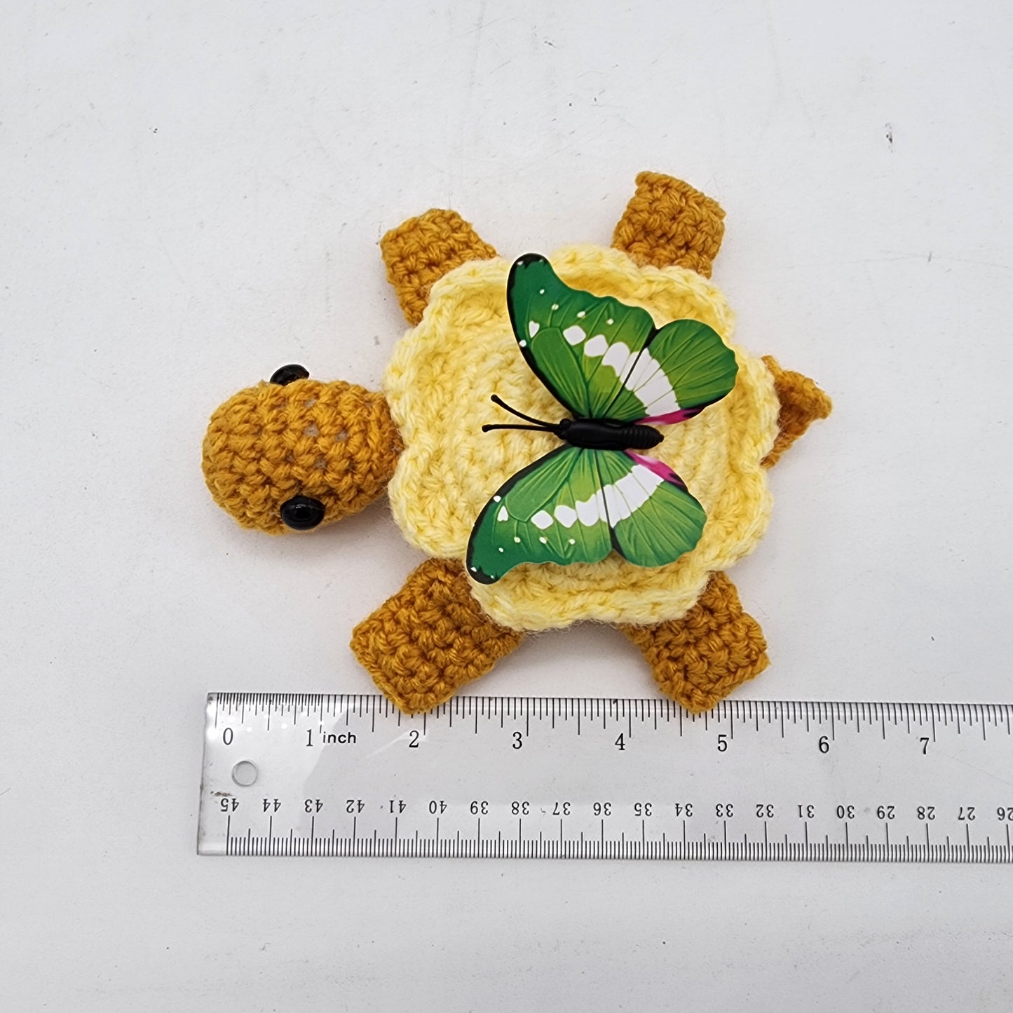 Hand Crocheted Turtle  Yellow with Green Butterfly